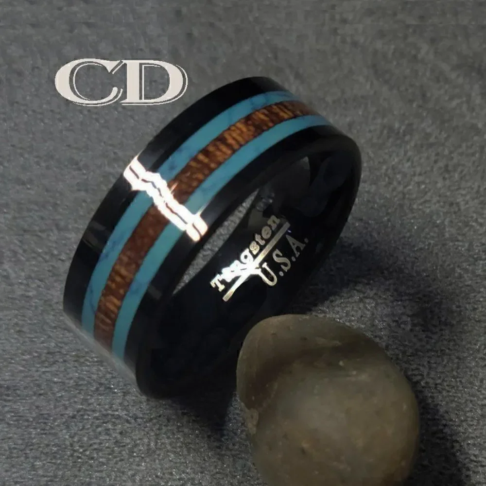 Men's Real Black Tungsten Wedding Ring Turquoise and Koa Wood Inalys